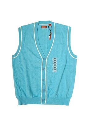 NWT PERRY ELLIS AMERICA Aqua White Trim Button Front Cotton Vest | SZ L